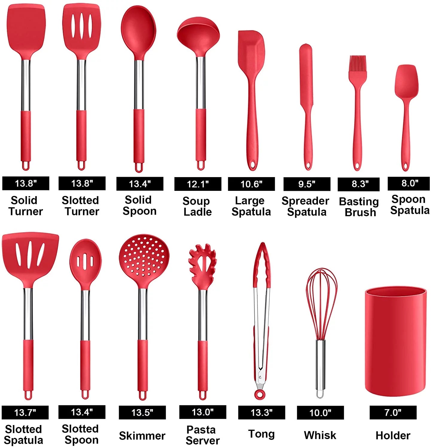 15pcs Silicone Cooking Utensil Set with Stainless Steel Handle, Red G229