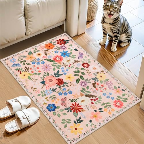 8x10 Floral Washable Area Rug for Living Room, Vintage Soft Non-Slip Carpet Z978379
