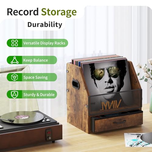 Vinyl Record Storage with Drawer, Metal & Wooden LP Crate, Holds 60 Records (Antique) R566