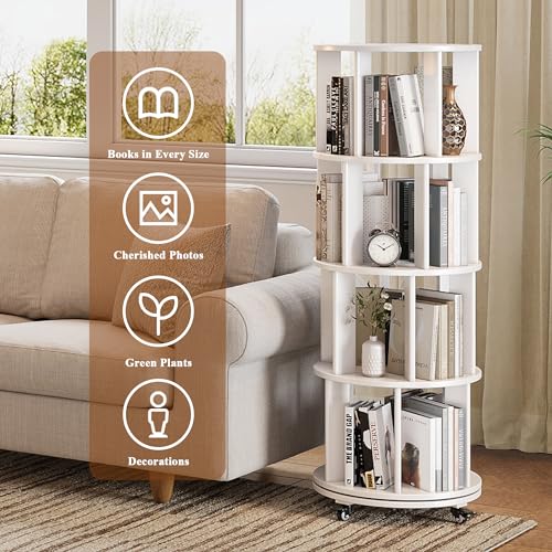 6 Tier Rotating Bookshelf Tower with Swivel Wheels, Solid Wood, Walnut B588