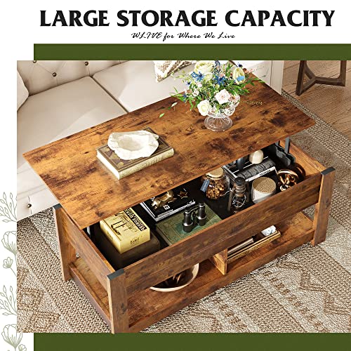 WLIVE Lift Top Coffee Table with Storage Shelf, Rustic Brown Z11463
