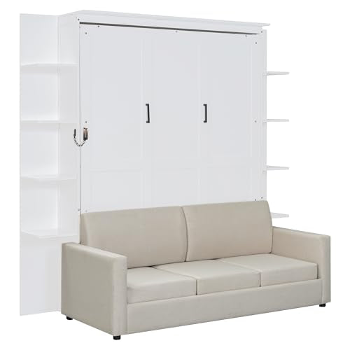 PURLOVE Queen Murphy Bed with Sofa, Wood Slat Support, Gray E27008