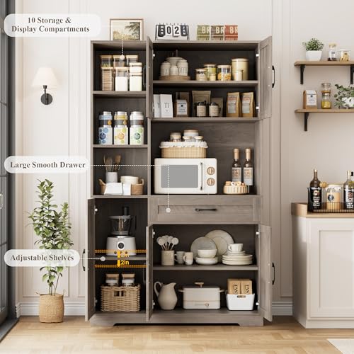 HOSTACK 71" Tall Kitchen Pantry Storage Cabinet with Microwave Stand, Barn Doors, Ash Grey H766476
