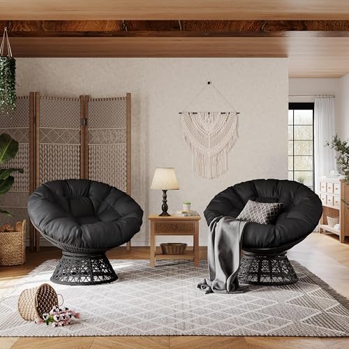 Yaheetech Indoor Papasan Chair with Tufted Cushion and Frame, Swivel Wicker, Black A8314