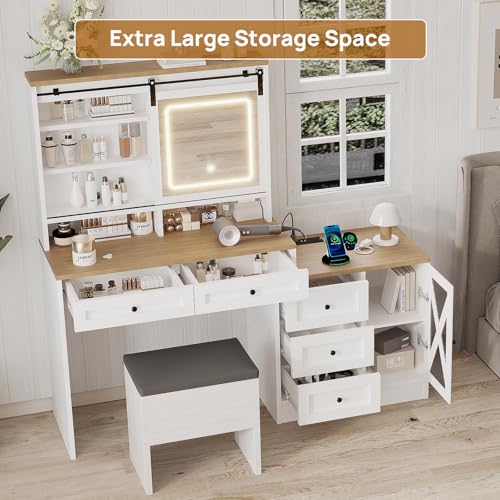 Farmhouse Vanity Desk with Lighted Mirror & Stool, 8 Shelves, 5 Drawers L80251