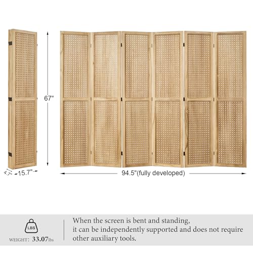 Pegboard Display 5.6Ft Wooden Room Divider Folding Privacy Screen Freestanding Wall Organizer, 4 Panels, Natural C603