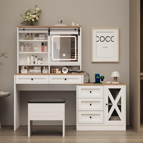 Farmhouse Vanity Desk with Lighted Mirror & Stool, 8 Shelves, 5 Drawers L80251