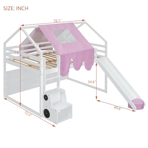 Harper & Bright Designs Kids Twin Low Loft Bed with Slide, Storage Shelves & Stairs, White/Pink C414827