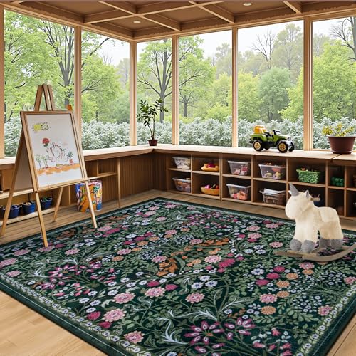 8x10 Floral Washable Area Rug for Living Room, Vintage Soft Non-Slip Carpet Z978379