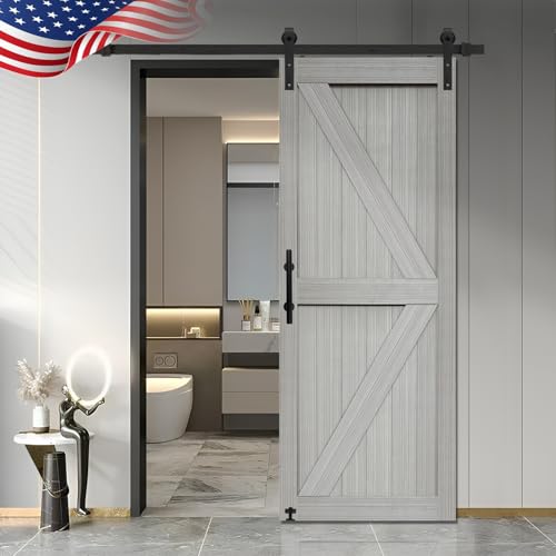 S&Z TOPHAND® 20 in x 84 in Elephant Gray British Brace Knotty Barn Door with 4FT Sliding Hardware Kit G149446