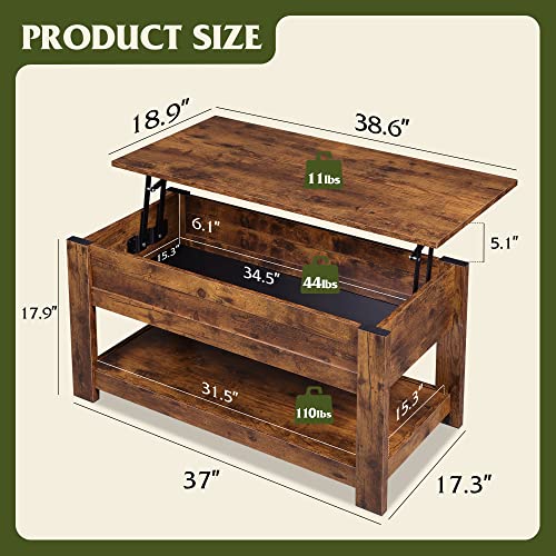 WLIVE Lift Top Coffee Table with Storage Shelf, Rustic Brown Z11463