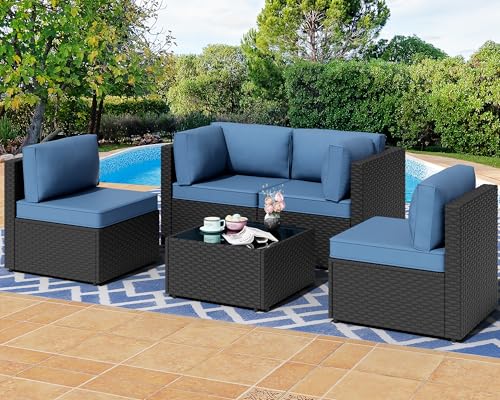 Shintenchi 5-Piece Outdoor Patio Sectional Sofa with Cushions and Glass Coffee Table, Aegean Blue U127322
