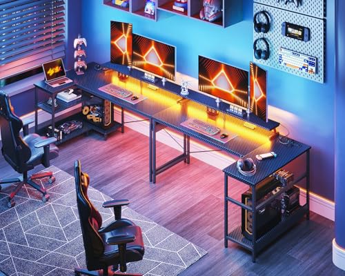 ODK 48 Inch L Shaped Gaming Desk with USB Charging Ports and LED Lights S136
