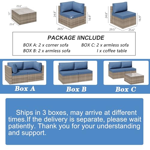 Shintenchi 5-Piece Outdoor Patio Sectional Sofa with Cushions and Glass Coffee Table, Aegean Blue U127322
