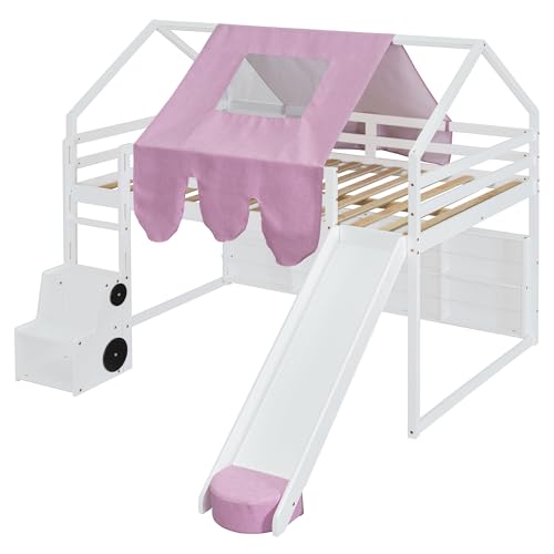 Harper & Bright Designs Kids Twin Low Loft Bed with Slide, Storage Shelves & Stairs, White/Pink C414827