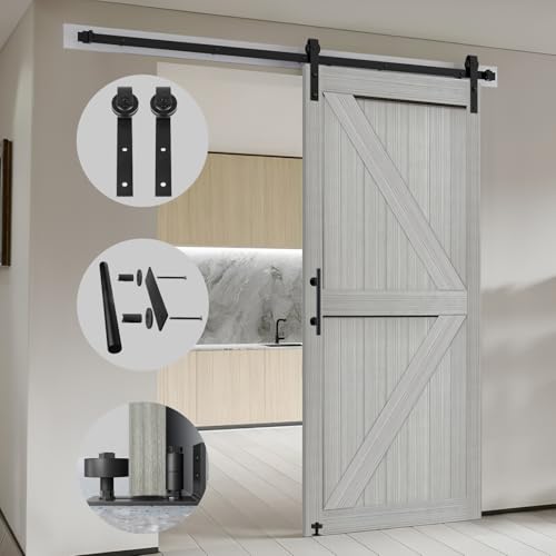 S&Z TOPHAND® 20 in x 84 in Elephant Gray British Brace Knotty Barn Door with 4FT Sliding Hardware Kit G149446