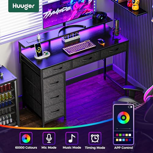 Huuger Gaming Desk with 6 Drawers, LED Lights, 47 Inch, Black N423283