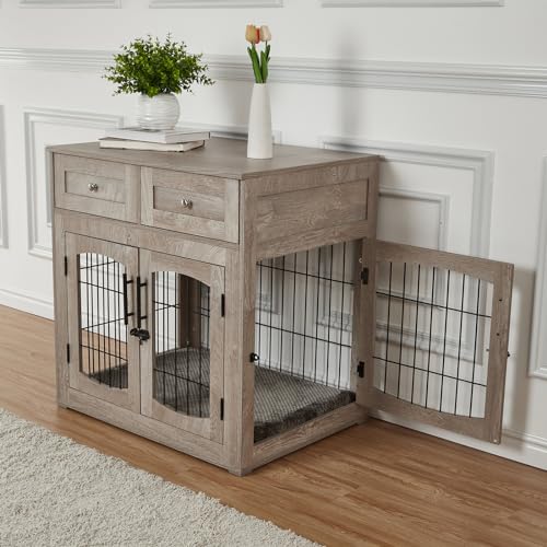 Wooden Dog Crate Furniture with Cushion and 2 Drawers R35157