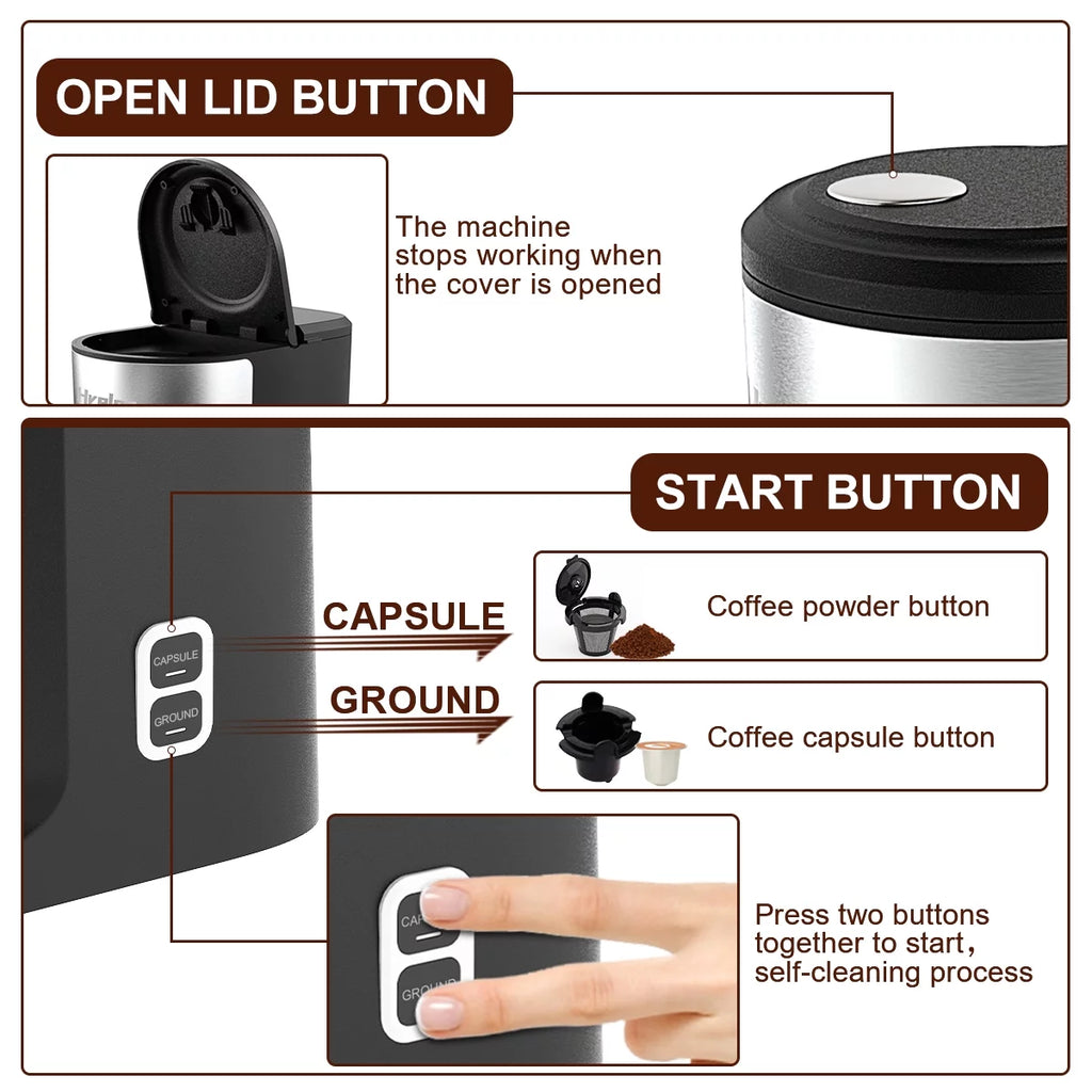 2-Way Single Serve Coffee Maker for Capsule & Ground Coffee, Mini with Self-Cleaning A141