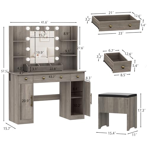 White Vanity Desk with Mirror and Lights, Charging Station and Stool Z6519