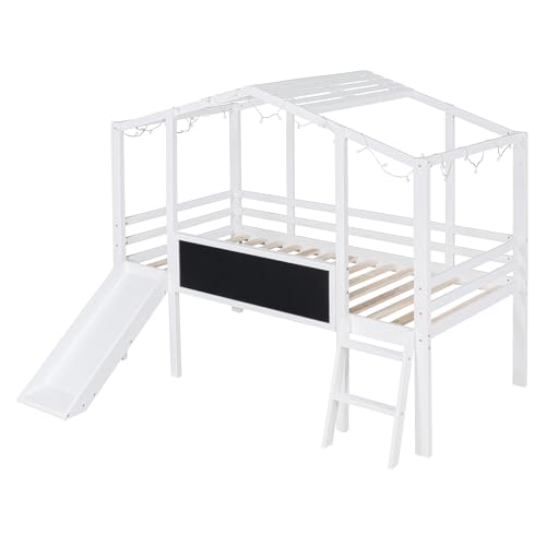 Harper & Bright Designs Kids Twin Low Loft Bed with Slide, Storage Shelves & Stairs, White/Pink C414827
