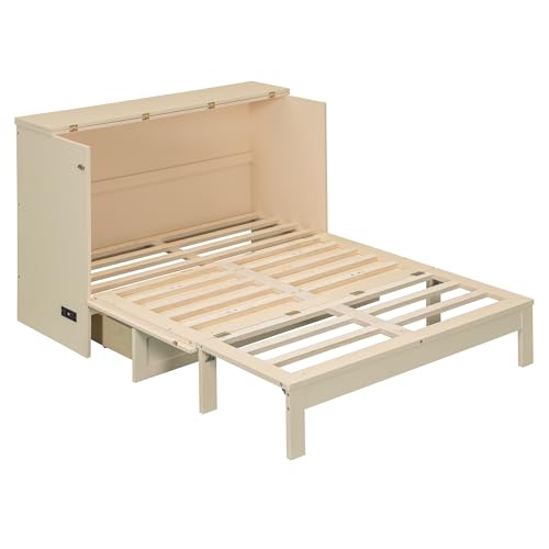 Merax Full Size Murphy Bed Cabinet with Charging Station and Storage Drawer, Gold O7045