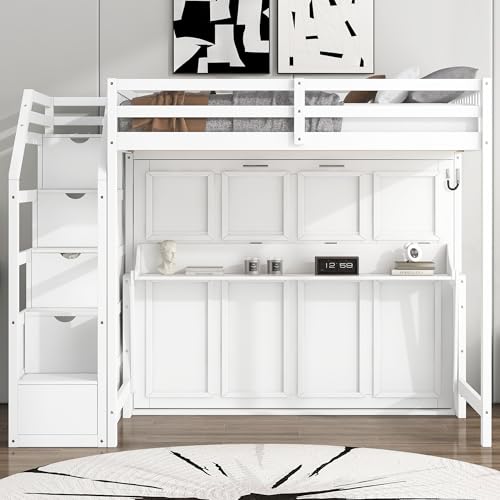 Merax Queen Murphy Bed Wall Bed with Sofa and Cushion, White V57291