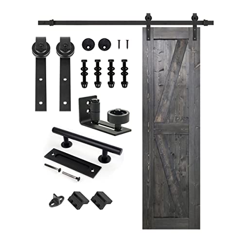 S&Z TOPHAND® 20 in x 84 in Elephant Gray British Brace Knotty Barn Door with 4FT Sliding Hardware Kit G149446