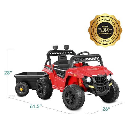 Kids 12V Electric Ride On UTV Car with Trailer, Parent Control, LED Lights, Bluetooth - Black C2735