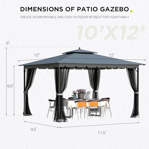 10x12 Gazebo with Mosquito Netting, Sturdy Metal Frame, Waterproof for Patio E825