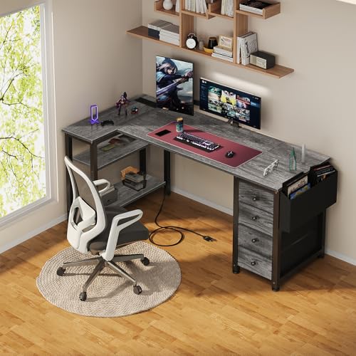 Lufeiya L Shaped Gaming Desk with Drawers & Power Outlet, Black A39519