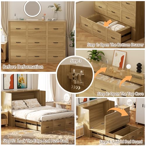 Murphy Bed Wood Wall Bed Cabinet with Drawer and USB Ports X615337