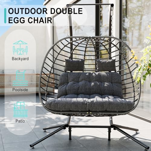 SWITTE Double Egg Swing Chair with Stand, Outdoor Patio Hanging Wicker Hammock with Cushion, Dark Grey X8839