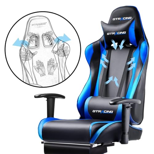 GTRACING Gaming Chair with Footrest, Ergonomic Reclining, Blue C551