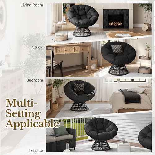 Yaheetech Indoor Papasan Chair with Tufted Cushion and Frame, Swivel Wicker, Black A8314