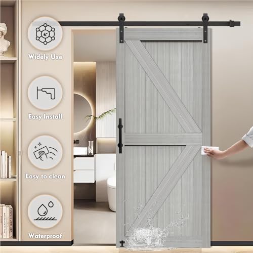 S&Z TOPHAND® 20 in x 84 in Elephant Gray British Brace Knotty Barn Door with 4FT Sliding Hardware Kit G149446