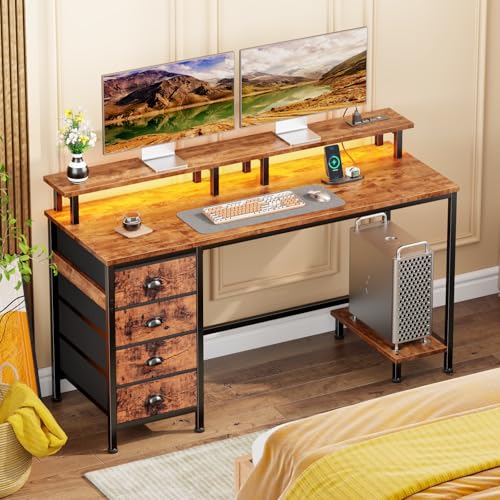 Furologee 47" Computer Gaming Desk with Monitor Stand, 4 Fabric Drawers & Power Outlets, Rustic Brown U645888