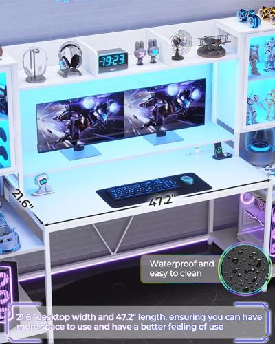 SEDETA Gaming Desk 74.8'' with LED Lights, Hutch and Storage Shelves, White W26827