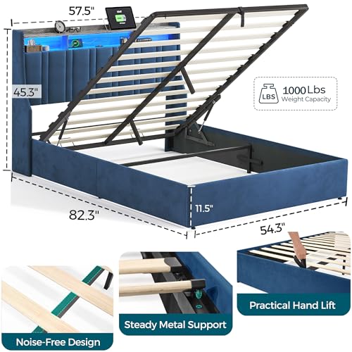 LINSY Lift Up Storage Queen Bed Frame with LED Lights and Charging Station, Dark Grey I29937
