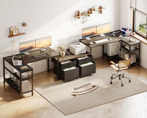 Casaottima 55 Inch L Shaped Desk with Drawers & File Cabinet, Rustic Brown B7734