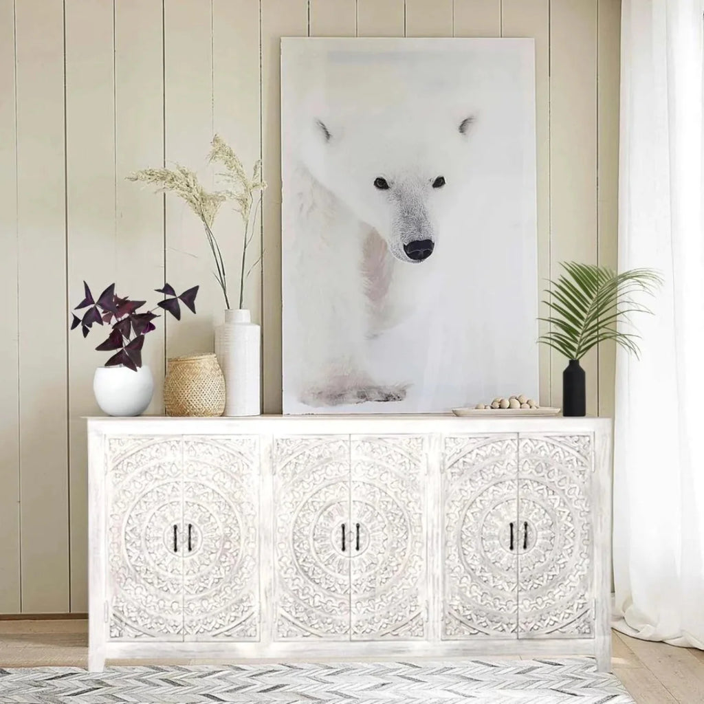 Carved Whitewash Farmhouse Cabinet V5113