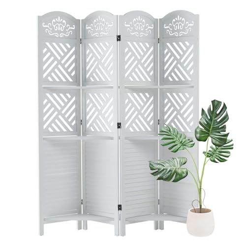 Folding Wood Room Divider with Shelves, 6 Panels, Natural K301