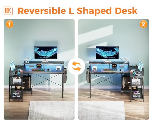 ODK 48 Inch L Shaped Gaming Desk with USB Charging Ports and LED Lights S136