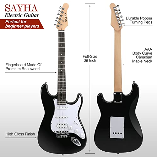 SAYHA Electric Guitar 39 Inch HSS Pickups Starter Kit with Amplifier, Bag, Tuner, Black C49559