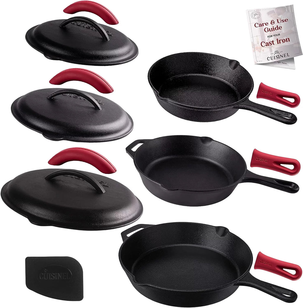 Cast Iron Skillet Set with Lids - 8"+10"+12"-inch Pre-Seasoned Covered Frying Pan Set + Silicone Handle and Lid Holders + Scraper/Cleaner - Indoor/Outdoor, Oven, Stovetop, Fire Safe Kitchen Cookware