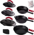 Cast Iron Skillet Set with Lids - 8"+10"+12"-inch Pre-Seasoned Covered Frying Pan Set + Silicone Handle and Lid Holders + Scraper/Cleaner - Indoor/Outdoor, Oven, Stovetop, Fire Safe Kitchen Cookware