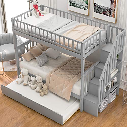 Twin-Over-Twin Bunk Bed with Trundle and Storage Staircase, Solid Wood, White I987686