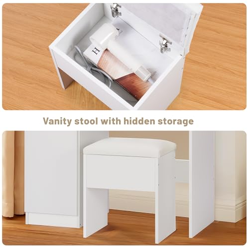 Vanity Desk with Mirror and LED Lights, Charging Station, White A6307