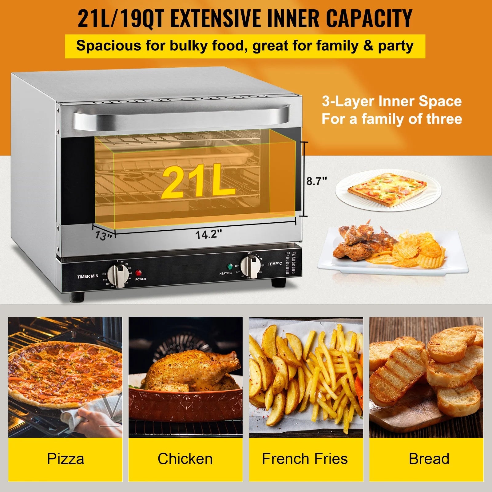 Commercial Convection Oven 21L Countertop Electric Baking Oven with Front Glass Door H6286
