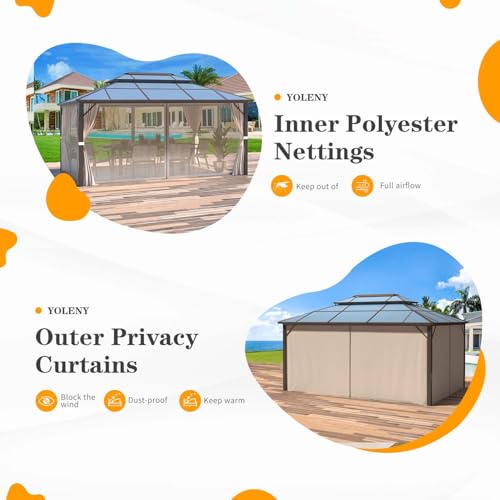 YOLENY 10'x13' Hardtop Gazebo with Aluminum Frame and Curtains F853